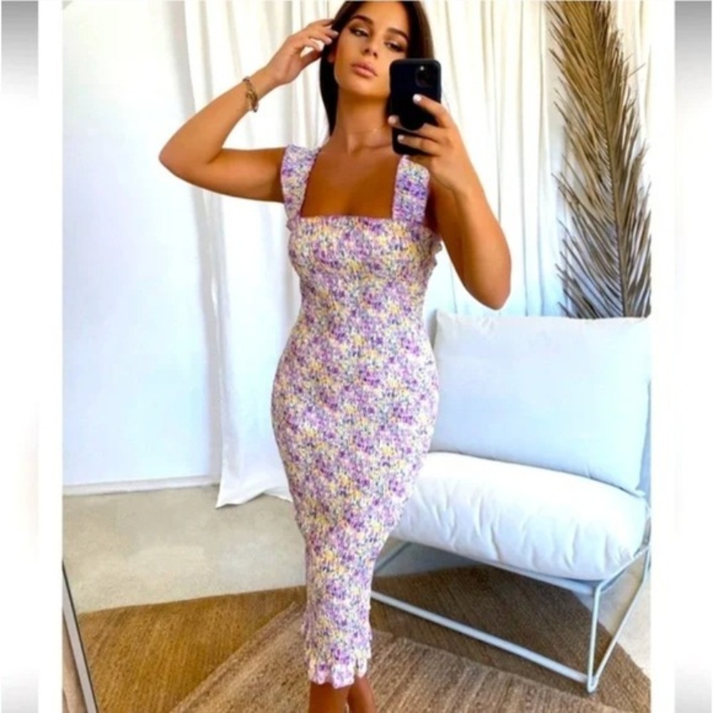 SNDYS Everyday Tina Midi Dress Size 2 Purple Yellow Floral Print Smocked Bodycon